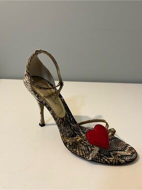 2005,rare Dolce & Gabbana Gold Snake-Print Stiletto Sandal with Red Heart Accent